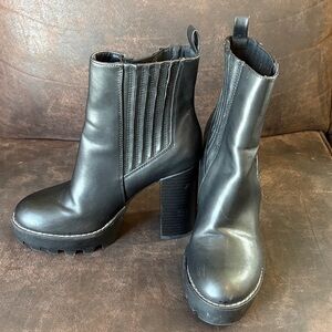 Black Chunky Heel Leather Ankle Boots